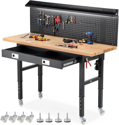 Miniatura 14 de ENJOYWOOD Mesa de trabajo para garaje de 60 pulgadas Banco de trabajo con almacenamiento Altura ajustable Tablero de madera de goma Banco de trabajo