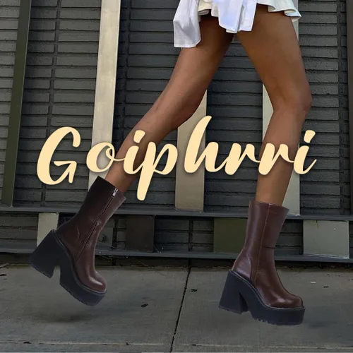 Miniatura 4 de Goiphrri Botas de tobillo de plataforma para mujer, tacón alto, punta redonda, botas de combate de trabajo, punk, botas de motocicleta, botas