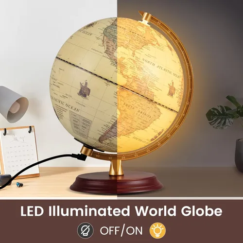 Miniatura 2 de Goplus Globo del mundo iluminado de 8 pulgadas, lámpara de globo iluminado de noche con soporte de madera y mapa HD para adultos, oficina en casa