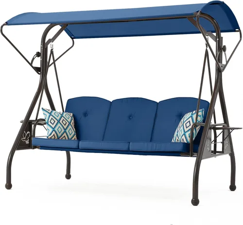 ZZW 800LBS - Columpio de patio con toldo, 3 asientos, columpio para porche al aire libre con soporte, portavasos y almohada, silla columpio para