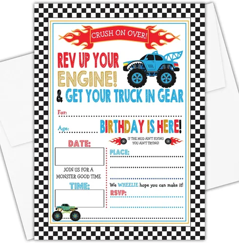 Invitaciones de fiesta de cumpleaños Monster Truck - Juego de 15 con sobres