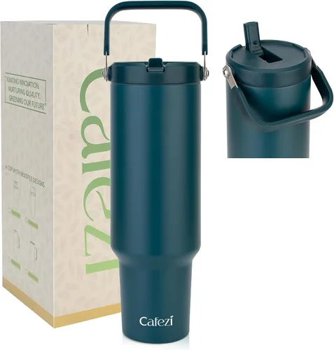 Miniatura 14 de Vaso de 30 onzas con tapa y pajita, vasos de acero inoxidable con aislamiento al vacío con pajita plegable y asa superior, botella de agua aislada