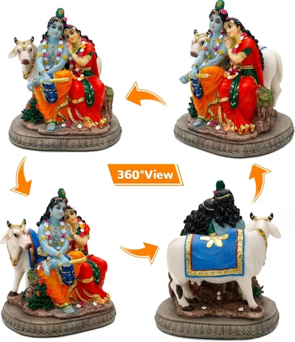 Miniatura 5 de BangBangDa Estatua hindú Murti Radha Krishna – 6.6 pulgadas de alto Polystone Dios indio Radha Krishna ídolo con vaca para cumpleaños, Diwali