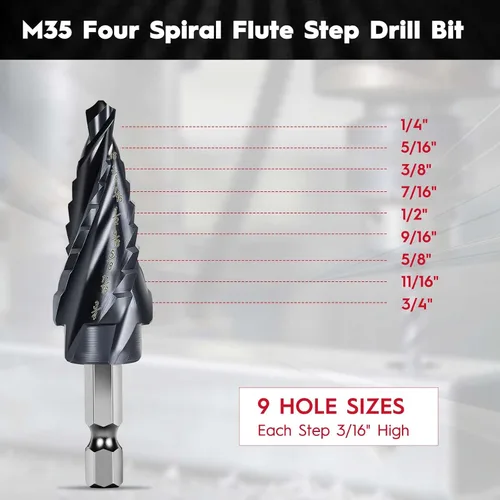 Miniatura 3 de Cobalt M35 - Broca escalonada de 1/4 a 3/4 pulgadas, revestimiento TiAlN con 4 brocas en espiral, 9 tamaños M35 cobalto HSS para acero inoxidable