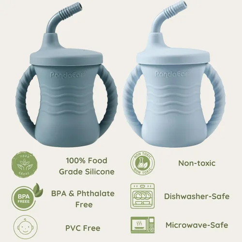 Miniatura 6 de PandaEar Vaso de entrenamiento de silicona, paquete de 2 tazas para beber para bebés con asas y popote para bebés y niños pequeños a partir de 6