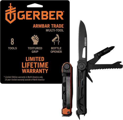 Miniatura 10 de Gerber Gear Armbar Trade 8-en-1 Multiherramienta - Cuchilla de 6.35 cm de borde liso, palanca, martillo - Equipo EDC y accesorios - Plata