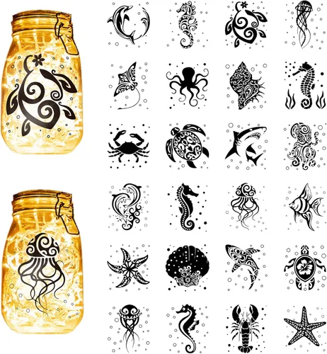 CREATCABIN 24 piezas de siluetas de verano, decoración de tarros de albañil, animales marinos, tortuga, farol, recortes láser, adornos de plástico