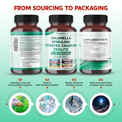 Miniatura 8 de Clorella, espirulina, carbón activado y zeolita ultra todo en 1, desintoxicación natural, apoyo inmunológico y vitalidad, 150 cápsulas