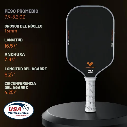 Miniatura 5 de JOJOLEMON Paletas de pickleball, pala de fibra de carbono con un núcleo de polímero Shark Power de 0.63 pulgadas, las raquetas de pickleball Gris