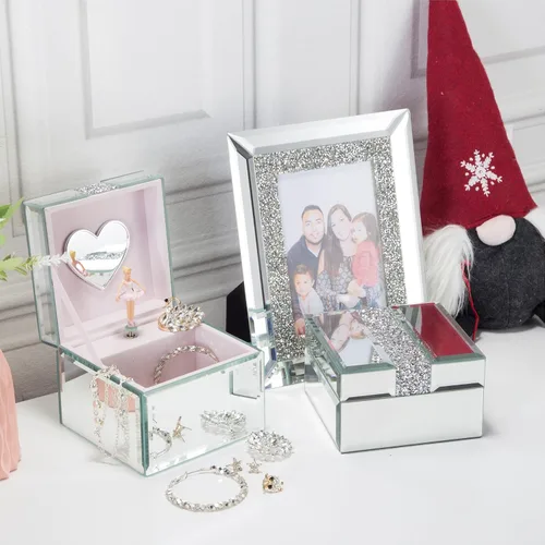 Miniatura 7 de Caja de joyería musical con espejo de diamante de plata Caja de joyería de bailarina para niñas Caja de cristal pequeña Joyero de cristal