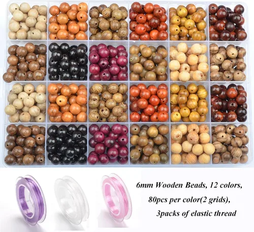 Miniatura 4 de MASSIVE BEADS - KIT de 960 cuentas de madera redondas sueltas mixtas naturales de 6 mm para hacer joyas, con hilo e agujas (12 de madera, 6 mm)