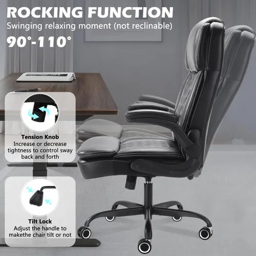 Miniatura 7 de Silla de oficina ejecutiva grande y alta de 450 LBS con brazo abatible, silla de escritorio de computadora de cuero PU resistente, cómoda silla Negro