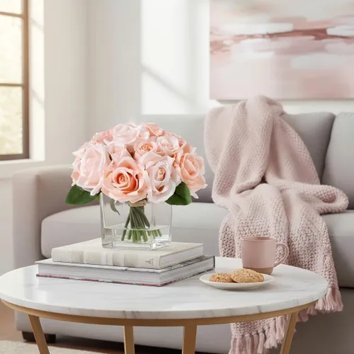 Miniatura 6 de 18 cabezas de rosas de seda en jarrón, arreglo floral artificial en jarrón con agua falsa para decoración del hogar (rosa)