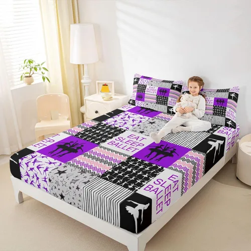 Miniatura 22 de Sábana bajera ajustable de ballet para niñas, juego de ropa de cama de ballet para danza de ballet, sábanas de cama con rayas geométricas onduladas