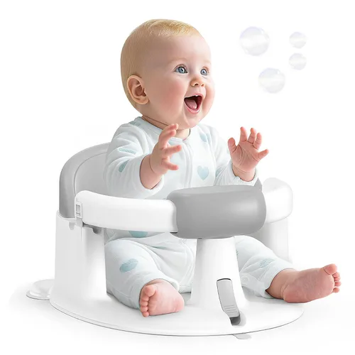 Asiento de Baño para Bebé Bañera para Bebé - con Ventosas Fuertes y Soporte Envolvente de 360° - Liberación Fácil, Cojín Antideslizante, Gris