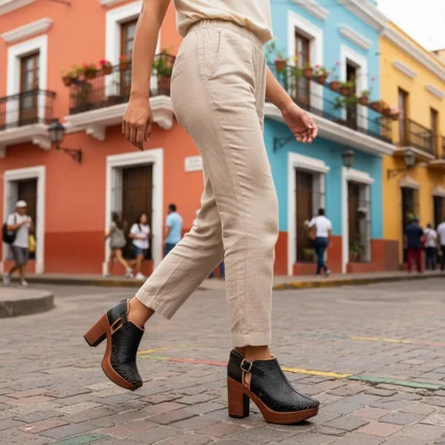 Miniatura 15 de Botines de piel auténtica grabados mexicanos con correa para mujer - Modelo 490