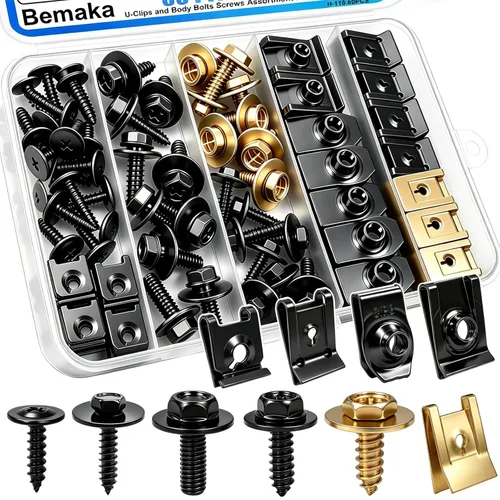 60Pcs U-Nut Clips and Body Bolts Screws Assortment Kit, 10 Sizes Auto Car U Clips Fender Liner Screw for Most Cars Bumper Engine Splash Shield