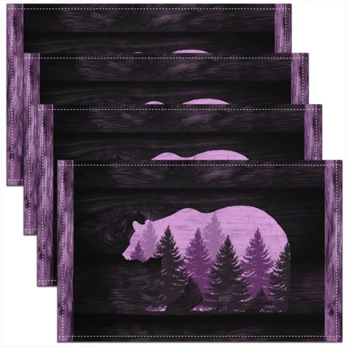 Miniatura 6 de Lodge - Juego de 4 manteles individuales de cabina con diseño de silueta de pino y oso gris, tapetes de cocina para mesa de comedor, animales