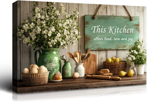 Wewejia - Lienzo decorativo rústico para cocina, de 18 x 12 pulgadas, diseño de granja vintage, «This Kitchen Serves Food», amor y alegría, pintura,