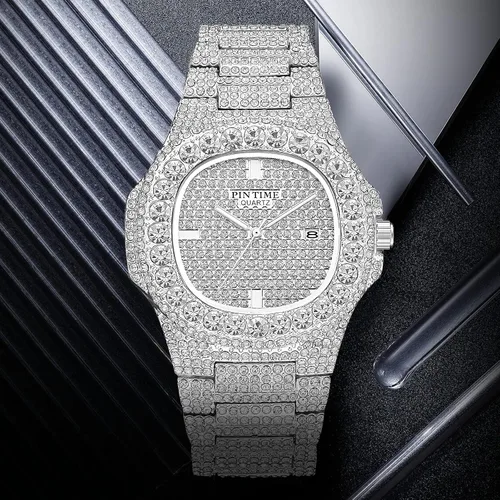 Miniatura 26 de Gosasa Reloj de pulsera unisex de cristal para hombre y mujer, reloj cubano con brillo completo, oblongo de plata/oro, reloj de pulsera de acero