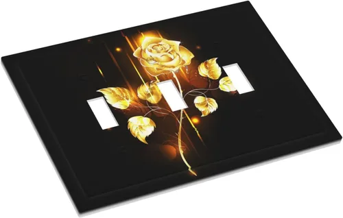 Miniatura 3 de Cubiertas de placa de pared de 3 gang con interruptor de luz de triple palanca, en negro y dorado con esplendor de oro rosa, estampado floral