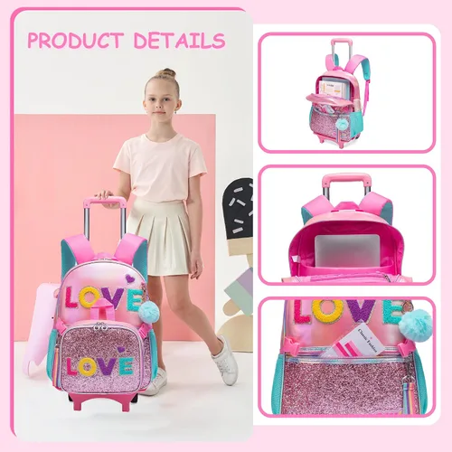 Miniatura 12 de Mochila con ruedas para niñas, mochila escolar con ruedas, bolsa escolar con bolsa de almuerzo y bolsa para lápices, mochila con ruedas para niños