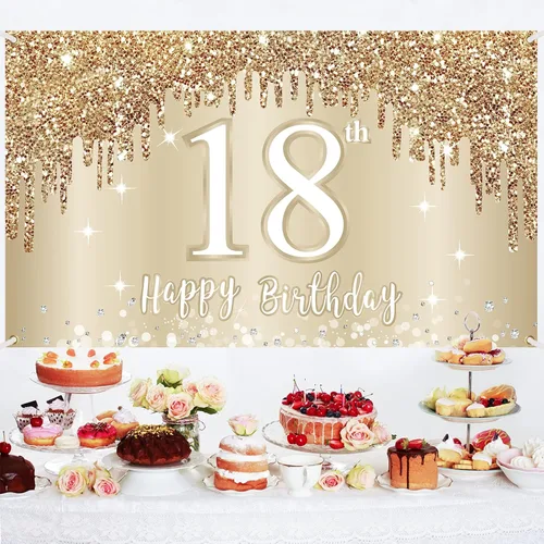 Miniatura 3 de Cartel de feliz cumpleaños 15 para niñas, decoración de fondo de cumpleaños dorado y blanco con texto en inglés "Sweet 15", póster de fondo