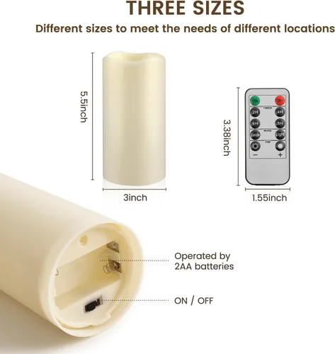 Miniatura 9 de Velas sin llama impermeables con control remoto 2PACK (D3''*H5.5'') Vela de pilar LED parpadeante que funciona con pilas, de plástico con Paquete