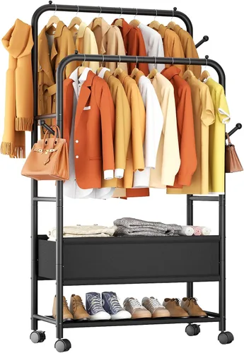 Miniatura 10 de Furologee - Percheros enrollables para colgar ropa, con dobles varillas, con ruedas, perchereros resistentes, perchero metálico portátil