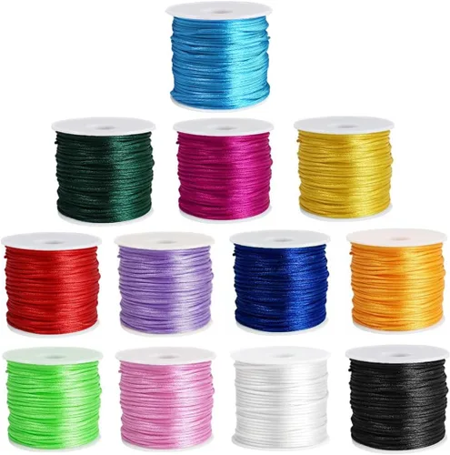 Ewparts Cuerda de nailon para pulseras, 12 rollos de nailon satinado de color para pulsera trenzada, cordón de seda de cola de rata, cordón de