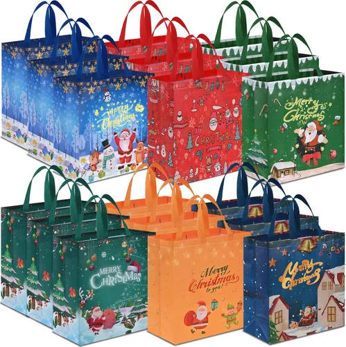 Miniatura 8 de AhfuLife 12 piezas bolsas de regalo de Navidad extra grandes, 15.7'' x 14.2'' x 5.9'', bolsas tipo tote de Navidad con asas, bolsa de compras B: 12