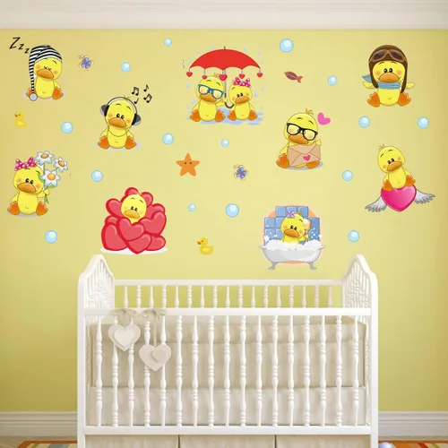 Miniatura 5 de Calcomanías de pared de lindo pato amarillo para despegar y pegar, juego de calcomanías de pared de pequeño pato amarillo y burbujas, calcomanías