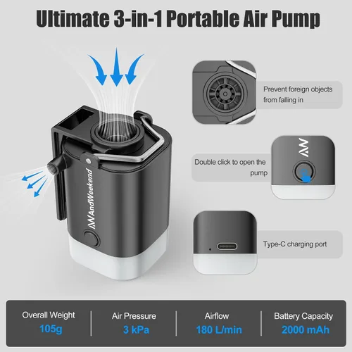 Miniatura 3 de THE WEEKEND Bomba de aire portátil con linterna LED – Inflado/desinflado rápido para colchones de aire, flotadores de piscina, almohadillas