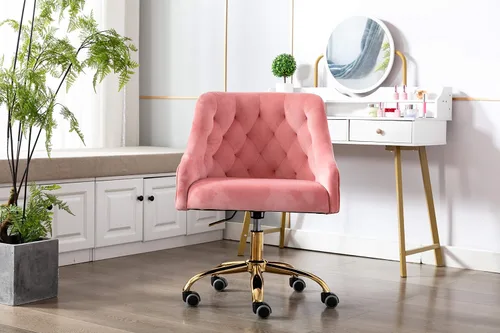 Miniatura 5 de Silla de Trabajo Cómoda para Oficina en Casa con Ruedas, Bonita y Moderna Tapizada de Terciopelo con Respaldo de Concha Marina Ajustable Giratoria