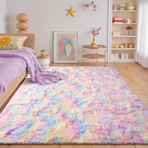 Miniatura 32 de JUNOVO - Alfombra de área lavable, antideslizante, alfombras ultra suaves de 4 x 5.3 pies, alfombras esponjosas para dormitorio, niños, niñas, Azul