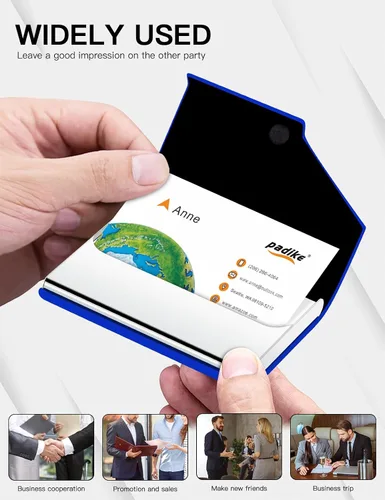 Miniatura 5 de Padike Soporte para tarjetas de visita, funda de cuero mejorada, tarjetero de bolsillo para hombres o mujeres, soporte delgado de metal para Y-BU