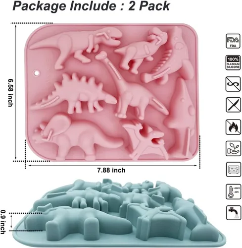 Miniatura 2 de Paquete de 2 moldes de silicona 3D de dinosaurio antiguo con 8 cavidades con temática de dinosaurio, bandeja para hornear bricolaje para pastel de 8