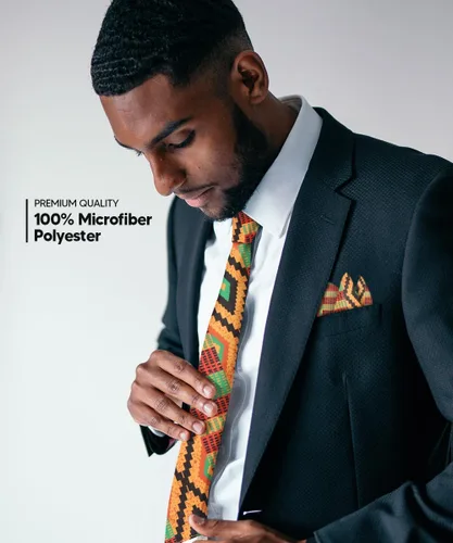 Miniatura 36 de Juego de corbata Kente con estampado africano y animal y pañuelo de bolsillo a juego