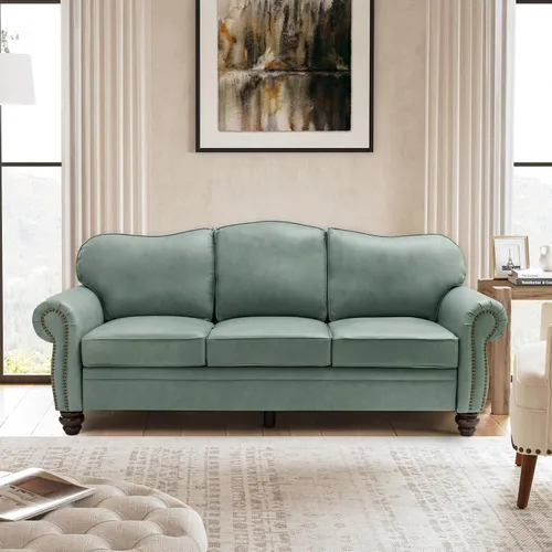 Miniatura 14 de El apoyo que necesitas 152 cm de ancho Sofá Chesterfield de cuero genuino, sofá con brazos enrollados, reborde con clavos para muebles de sala