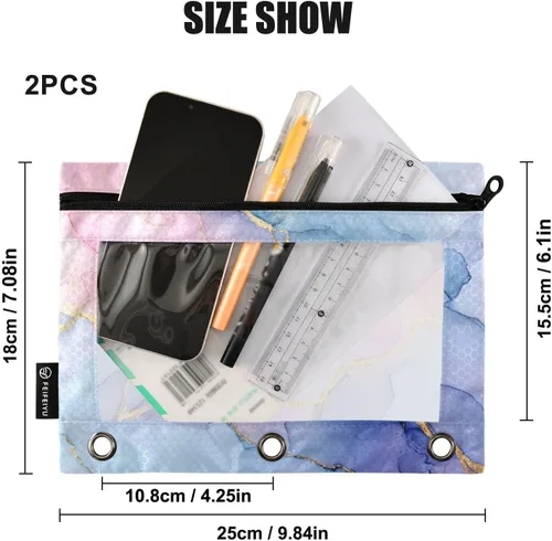 Miniatura 3 de SHJI Bolsas para carpetas, bolsa de lápices de mármol rosa y azul para carpeta de 3 anillas, paquete de 2 bolsas transparentes con cremallera