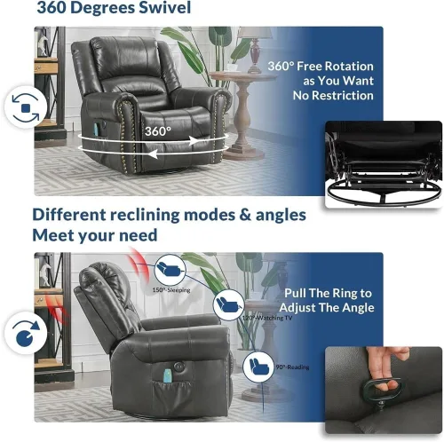 Miniatura 5 de Sillón reclinable giratorio con masaje de calor y vibración, moderno sillón reclinable manual con puerto USB y bolsillos laterales, cómodo sillón