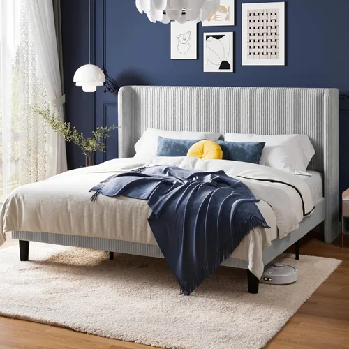 Miniatura 21 de Allewie - Base de cama tamaño Queen con cabecera tapizada de ala de respaldo, plataforma de cama de terciopelo corduroy acolchado con diseño Negro