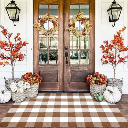 Miniatura 10 de Alfombra a Cuadros Naranja y Negra, 3 x 5 Pies, Alfombra Decorativa de Otoño para Puerta Delantera al Aire Libre, Alfombra de Algodón Lavable Tejida