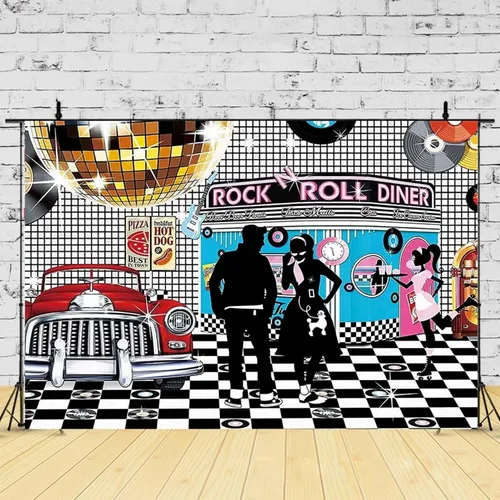Miniatura 2 de Telón de fondo de fotos de estilo retro disco – Rollo de rock de los años 50, baile de graduación, cumpleaños, comedor, decoración de fiesta, cartel