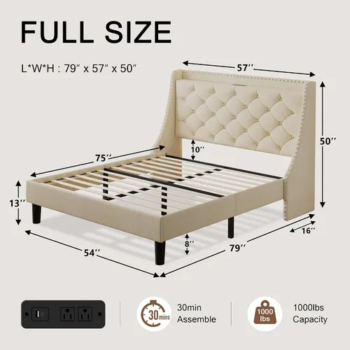 Miniatura 2 de Einhomn Base de cama de tamaño matrimonial con cabecera de almacenamiento copetuda con botones en la parte trasera y puertos tipo CA, plataforma