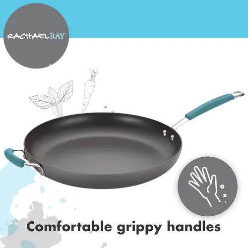 Miniatura 4 de Rachael Ray Cucina - Sartén antiadherente con mango auxiliar y proceso de anodizado duro., 14", azul/gris(Gray with Blue Handles)