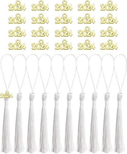 Miniatura 9 de Tupalizy 10 mini borlas sedosas hechas a mano con 20 dijes del año 2024 para graduación, llavero, aretes, joyería, regalos de boda, recuerdos, Negro