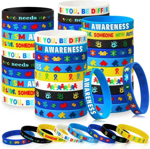 Yinkin 50 pulseras de concientización sobre el autismo, pulseras inspiradoras para autismo, pulseras motivacionales de silicona coloridas para