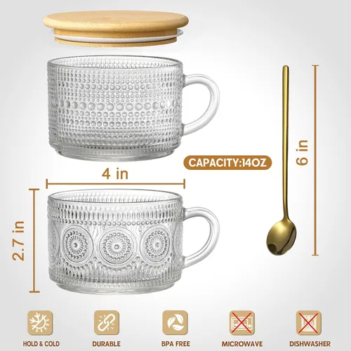 Miniatura 6 de Juego de 4 tazas de café vintage, regalos para mujeres, recipientes de avena durante la noche con tapas y cucharas de bambú, tazas de vidrio
