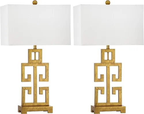 SAFAVIEH Lighting Collection - Juego de 2 lámparas de mesa con llave griega, base de metal dorado antiguo con pantalla de tela blanca, bombillas LED
